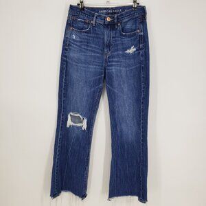 American Eagle 90s Flare Distressed Jeans 2 Womens Cropped Frayed Raw Hem Blue
